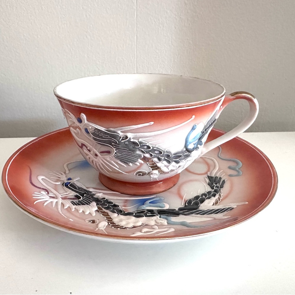 Vintage Hand-Painted Japanese Dragon Ware Porcelain Tea Cup and Saucer Set
